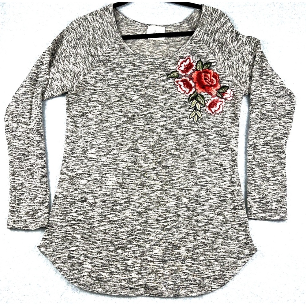 Sweater Womens Size L Pen Paper Black White Gray Rose Embroidery
